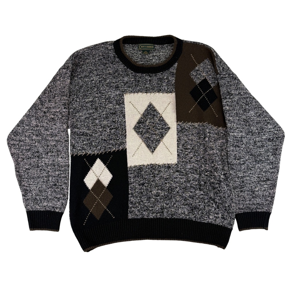 Croft & Barrow Sweater Mens XXL Grey Argyle Silk Colorblock Crewneck Knit